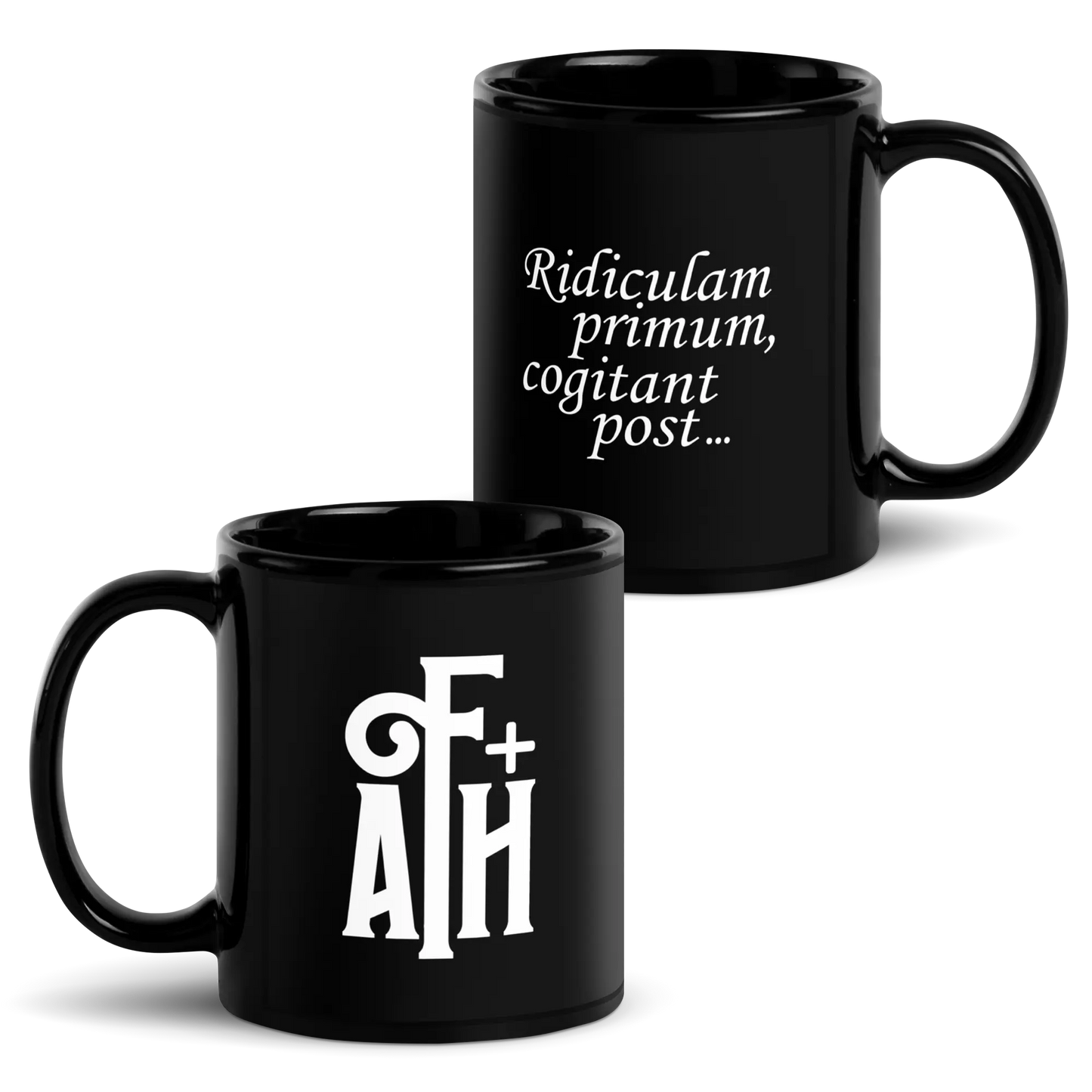 Foil Arms and Hog merchandise black mug with FA+H mini logo and quote