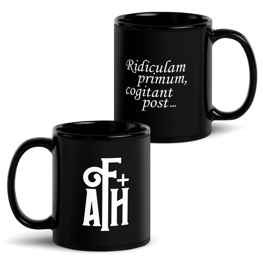 Foil Arms and Hog merchandise black mug with FA+H mini logo and quote