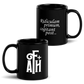 Foil Arms and Hog merchandise black mug with FA+H mini logo and quote