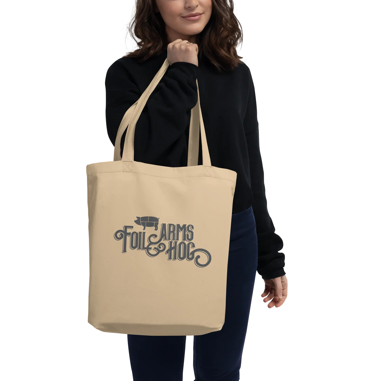 Foil Arms and Hog merchandise beige tote shopping bag with big logo design
