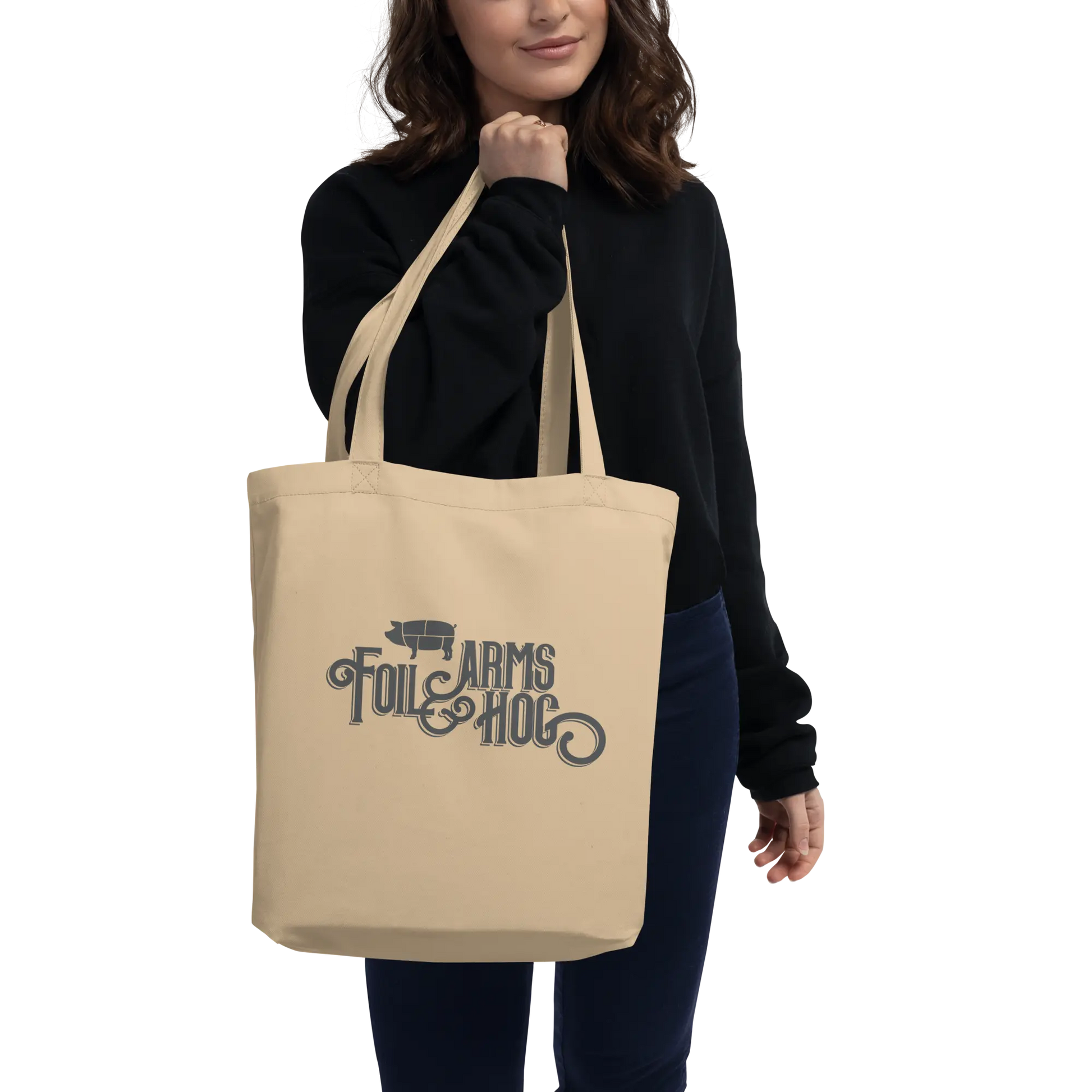 Foil Arms and Hog merchandise beige tote shopping bag with big logo design