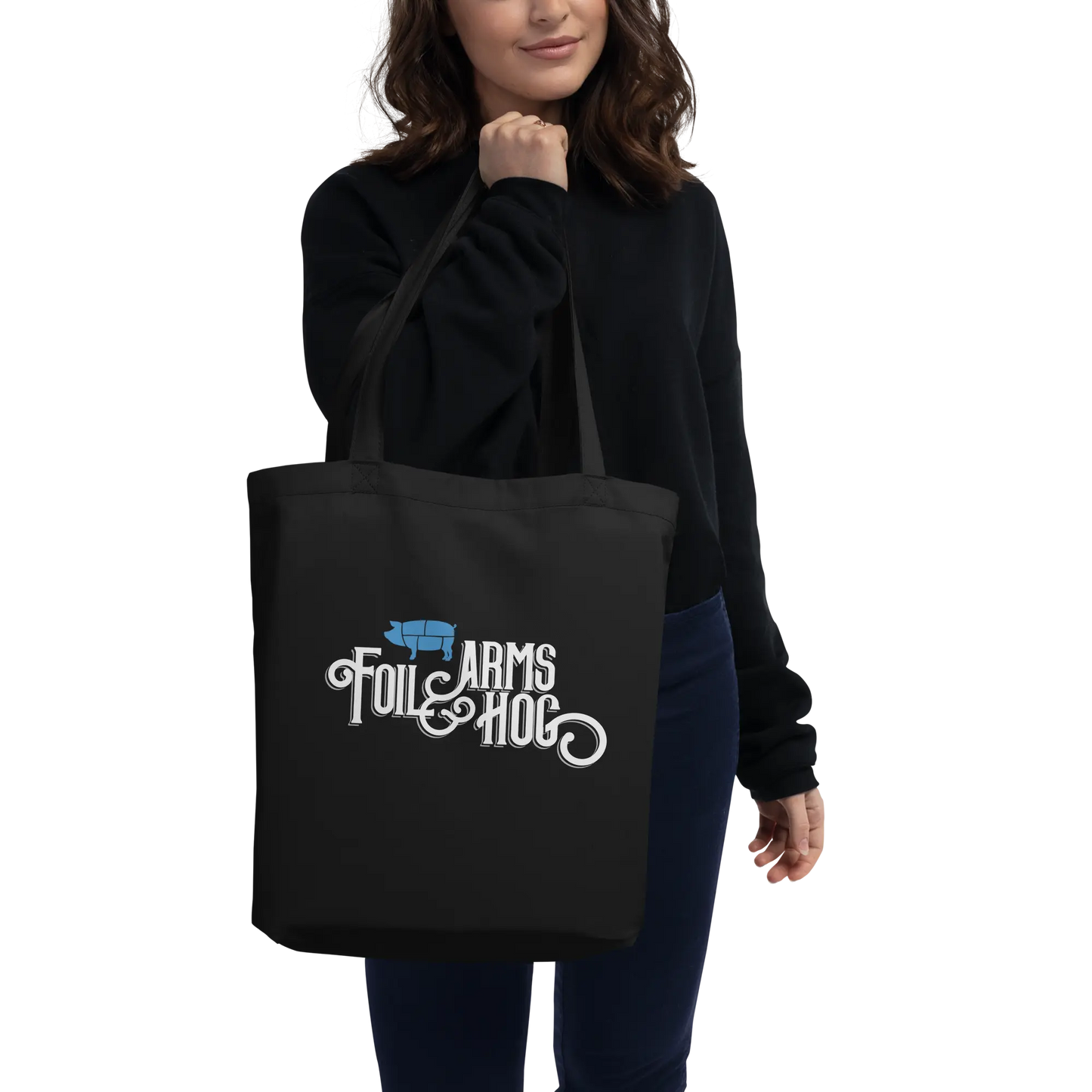 Foil Arms and Hog merchandise black tote shopping bag with big logo design