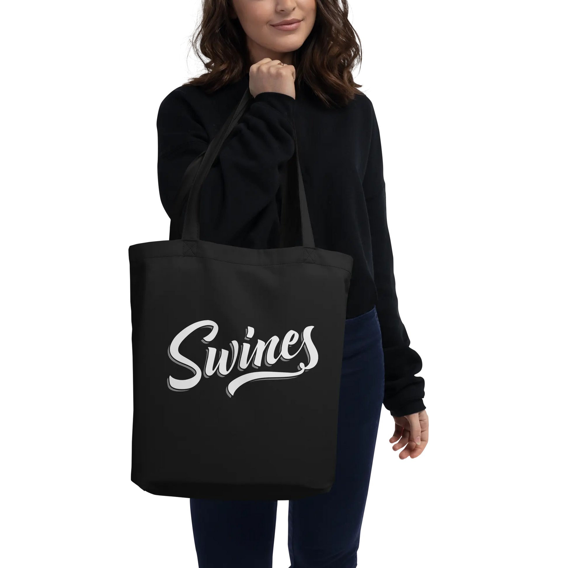 Foil Arms and Hog merchandise black tote shopping bag with SWINES live show logo